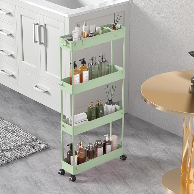 SPACELEAD Slim Storage Cart 4 Tier,Bathroom Organizer Rolling Utility,Mobile Shelving Unit Slide Out for Office, Kitchen, Laundry Room & Narrow PlacesÃ¯Â¼ÂGreen