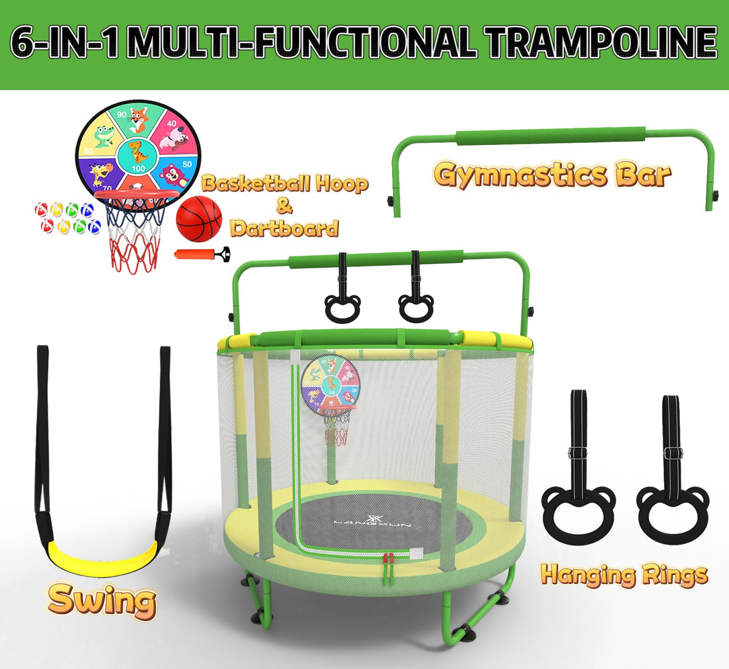LANGXUN 60" Trampoline for Kids, 5ft Toddler Mini 6-in-1 Trampoline Indoor Outdoor with Swing, Basketball Hoop, Dart Board, Rings, Christmas Toys Birthday Gifts for Girls Boys