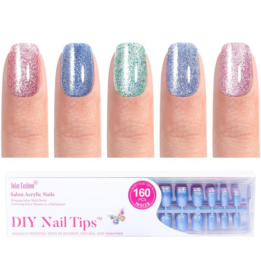 Press on Nails Short - 5 Styles Glossy Glitter Press on Nails Short Square, Soft Gel x Coat Nails False Nails, Bt Art Box Press On Nails in 16 Sizes -160PCS Soft Gel Fake Nails Kit