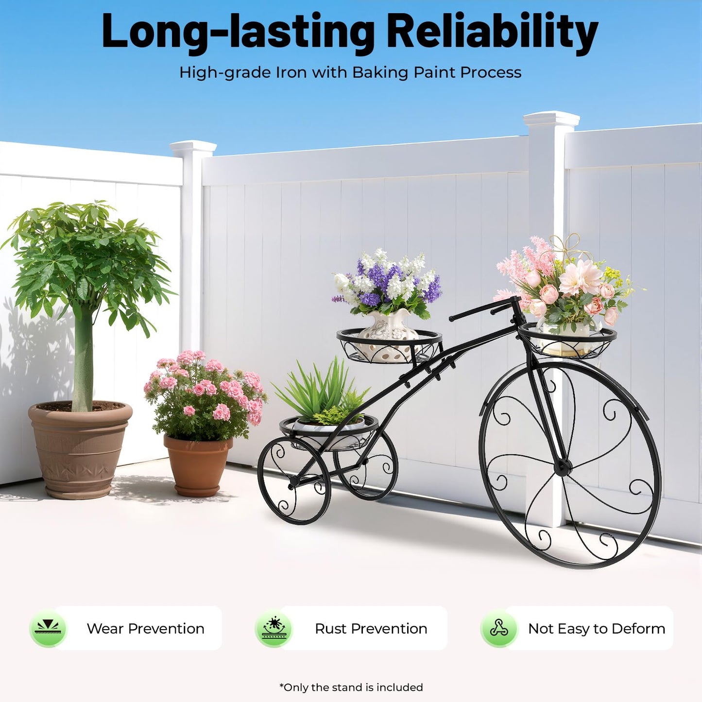 VNUIWDSG Three-wheeled Plant Stand Plant Corner Shelf, Iron Baking Paint Rust-Resistant, 22.05LBS Load 3 Fenced Baskets, Bicycle Design Easy Move, Living Room Garden
