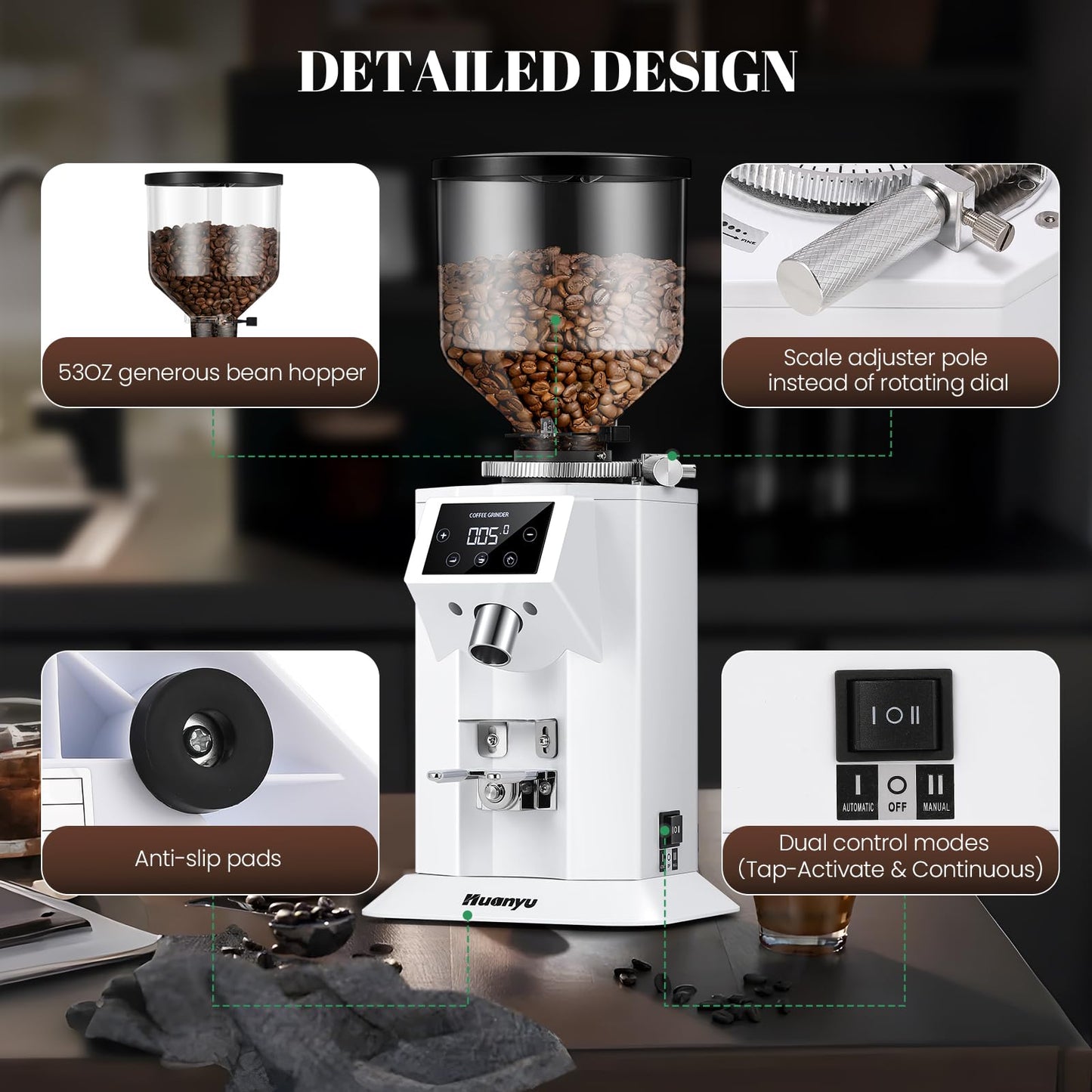 Huanyu Professional Coffee Grinder with 74mm Flat Burr 53ounce Bean Hopper 15 Infinite Grinding Settings Electric Coffee Grinder with Touching Screen White