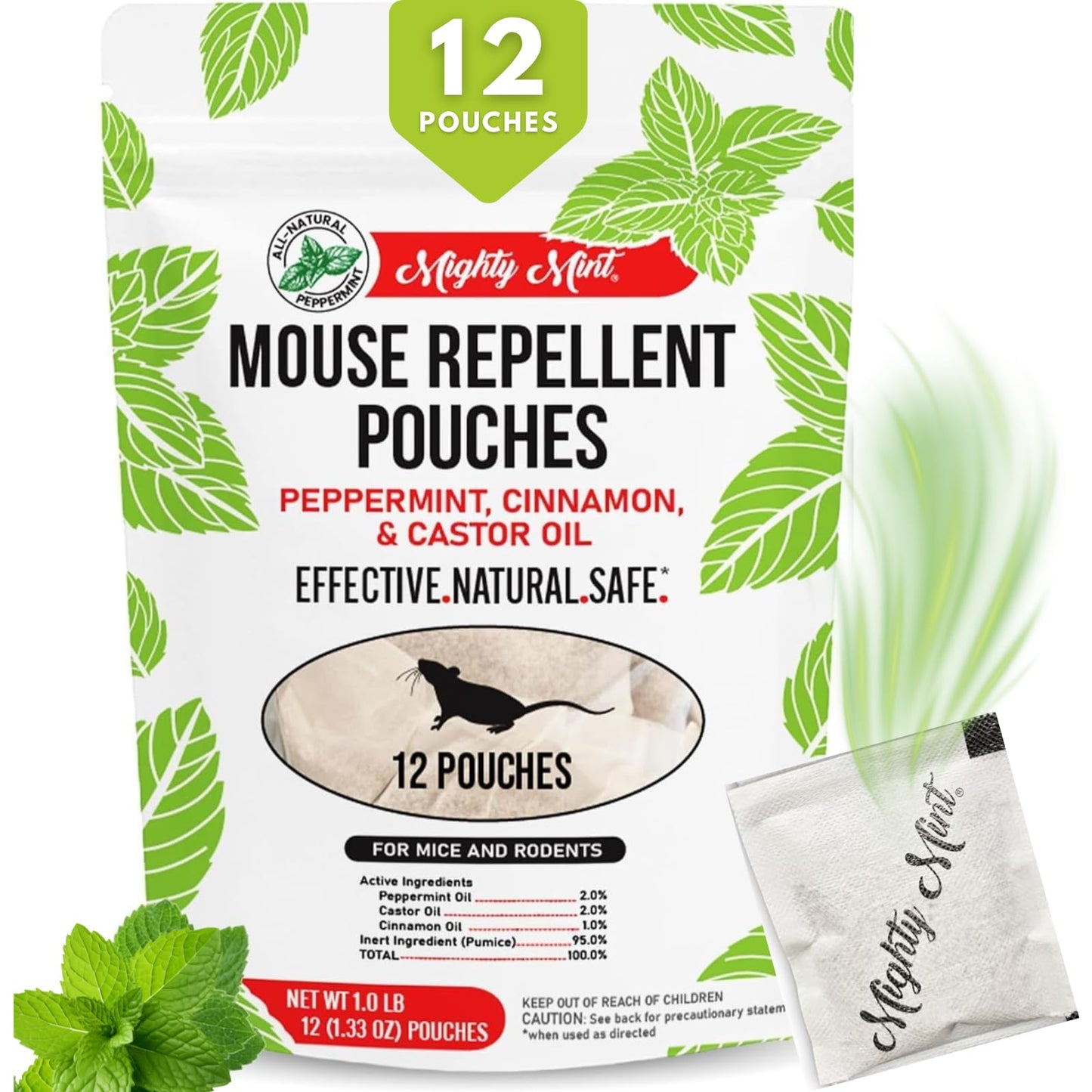 Mighty Mint Mouse Repellent Pouches â Peppermint, Castor Oil & Cinnamon Formula â Natural Indoor Deterrent for Mice and Rodents â Plant-Based, Long-Lasting Protection â 12 Count