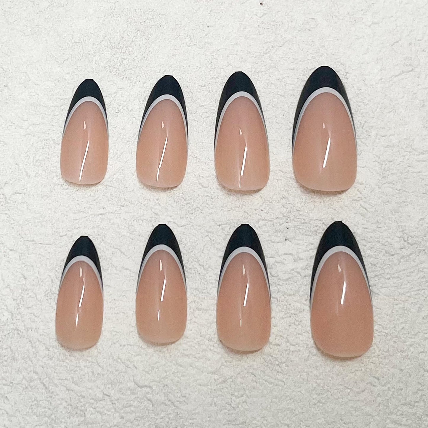 Jremg French Tip Press-on Nails - Medium Almond Shaped, Glossy Black With White Line Design - Full Cover Acrylic Nails for Women and Girls - DIY Manicure Set 24Pcs