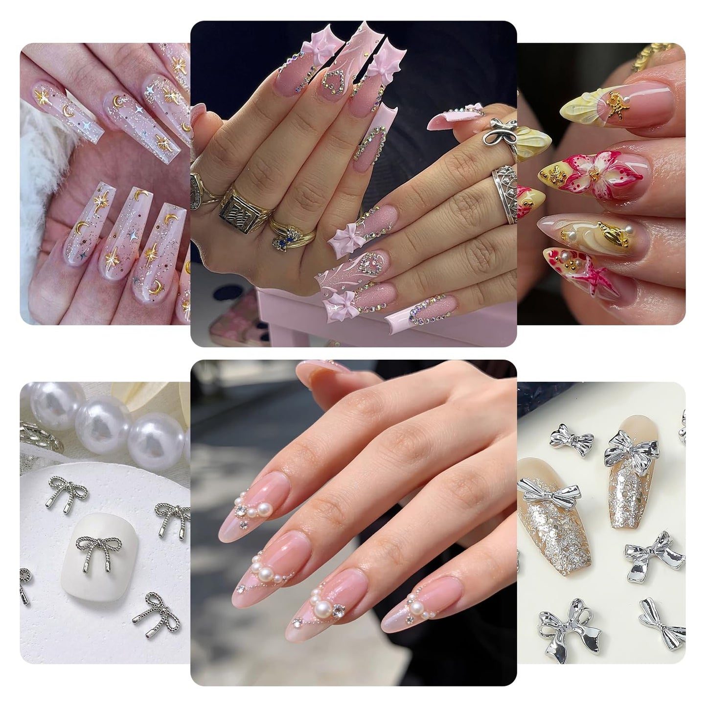 48 Grids Nail Charms Kit with Rhinestones for Nails, 3D Kawaii Bows Flowers Charms for Nails, Metal Star and Moon Bow Nail Art Charms DIY Manicure Art