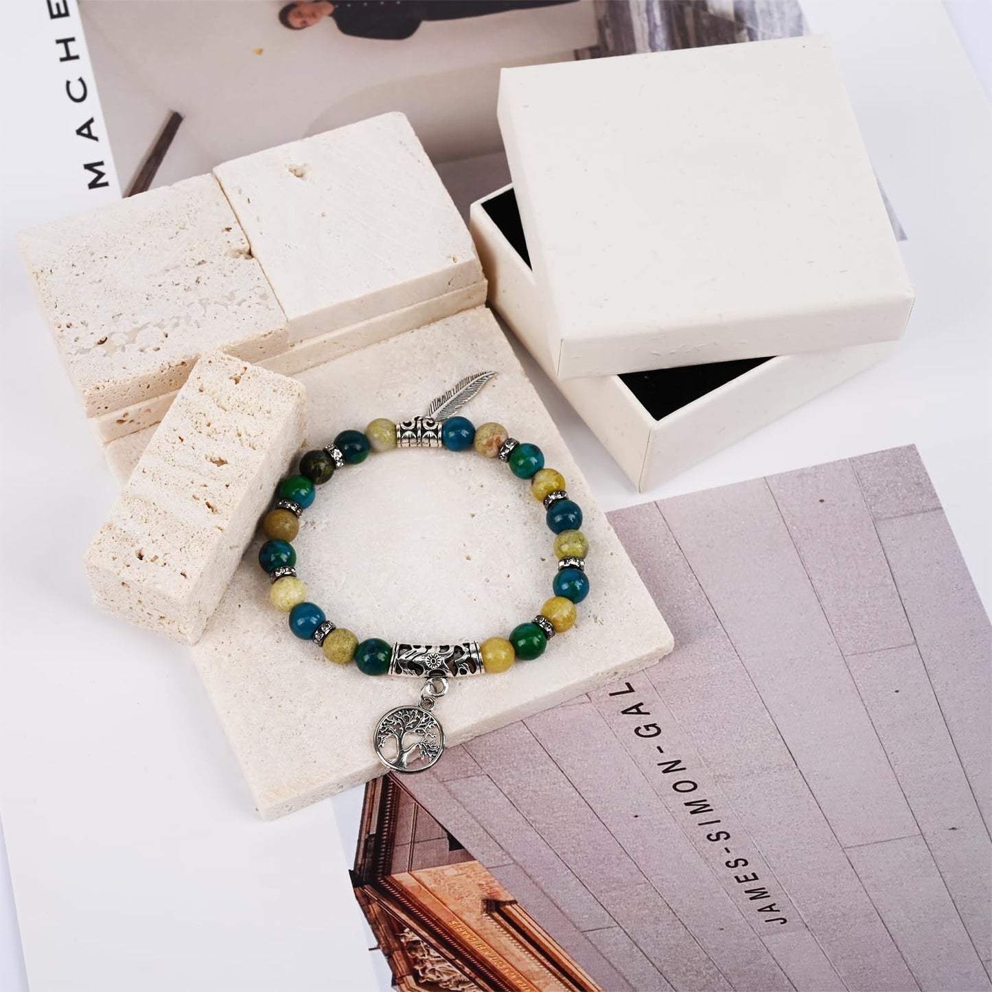 PZTIIY Handmade Tree of Life and Wings of Liberty Turquoise Jasper & Tibetan Agate Gemstone Chakra Beaded Bracelet | Boho Style Charm Bracelet Set (ZLY-Turopise)