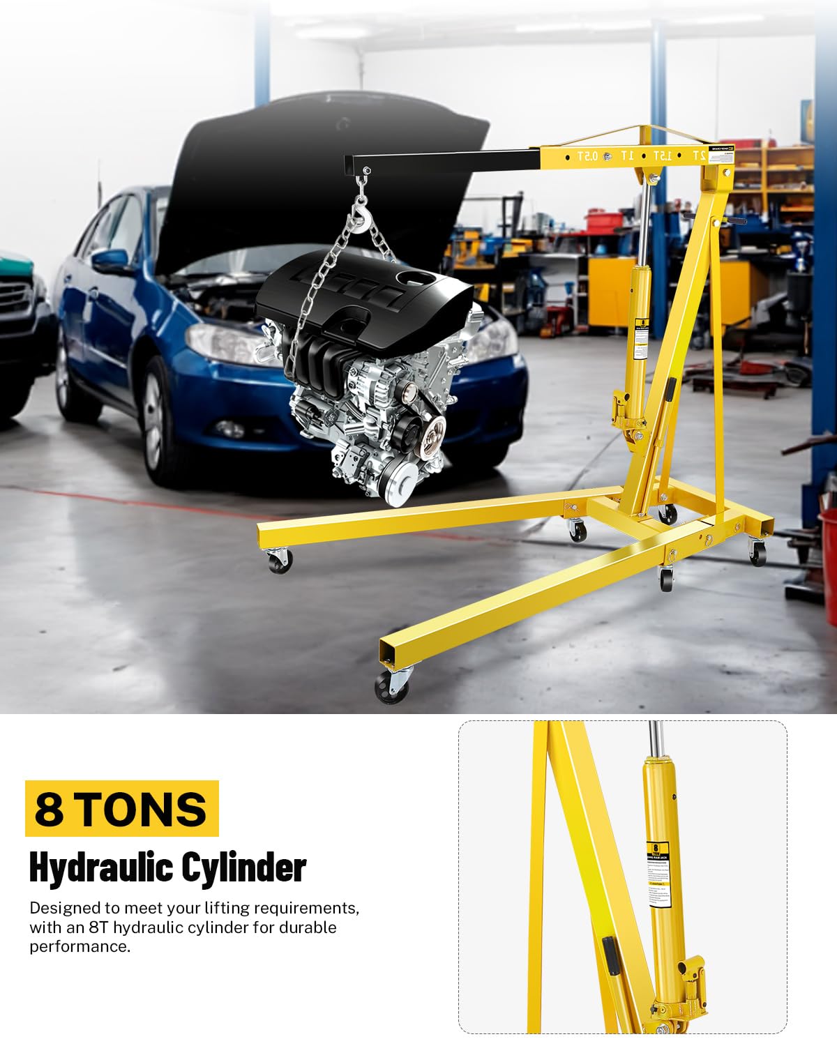 Garvee 2 Ton Engine Hoist Cherry Picker, 4400 Lbs Capacity with 6 Steel Casters & Foldable Design - Heavy-Duty Portable Hydraulic Crane for Truck Engines, Boat Motors, Farm Equipment