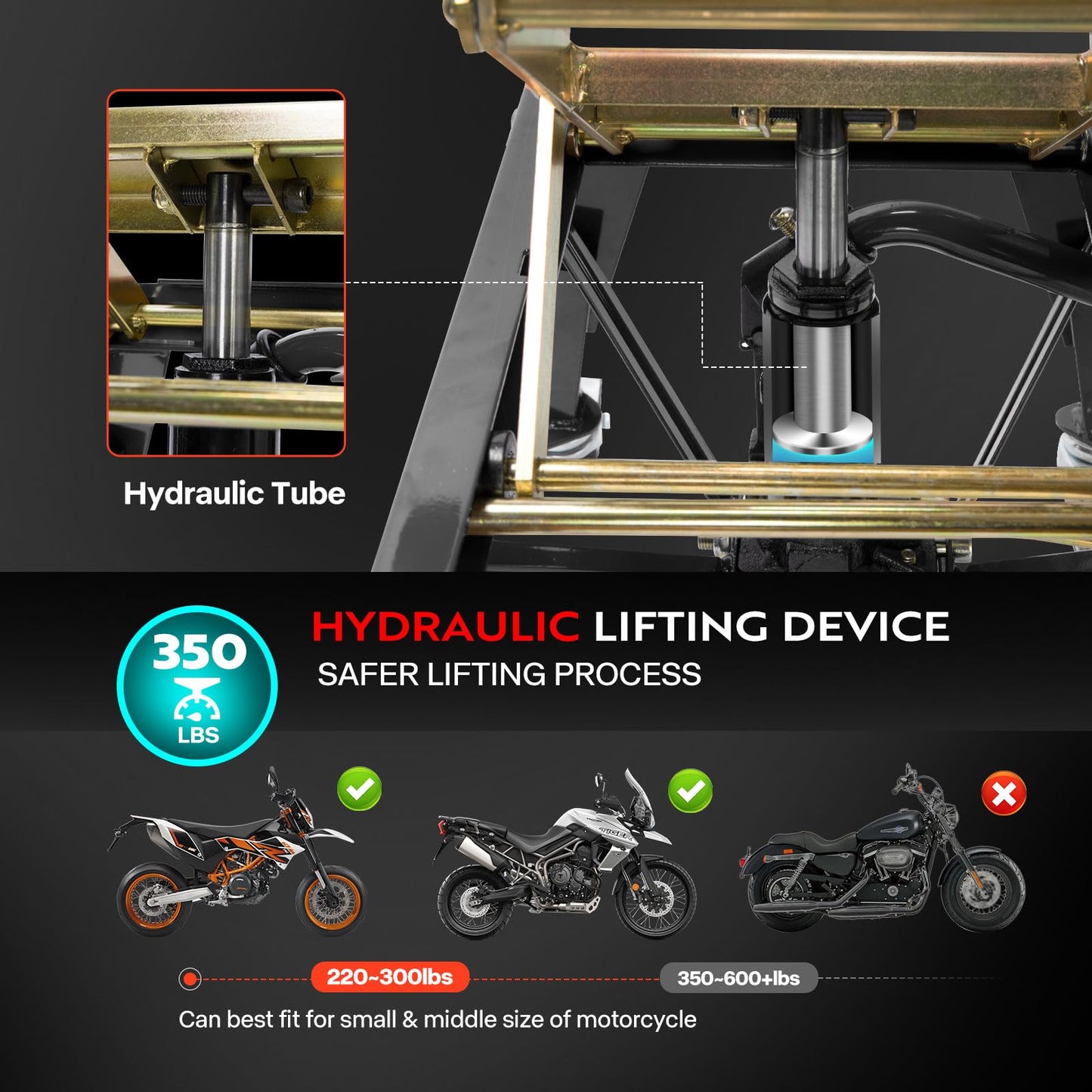 VIVOHOME 350 Lbs Heavy Duty Hydraulic Motorcycle Lift Jack, ATV Dirt Bike Foot Operated Scissor Stand Table with 4 Wheels and Removable Stopper, Black