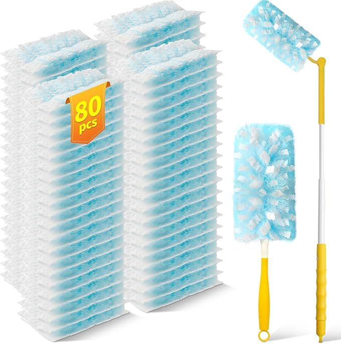 80 Count Duster Refills with 1 Short Handle & 3 ft Extendable Handle, Compatible with Swiffer Duster, 180Â° Disposable Microfiber Cleaning Dusters, Unscented