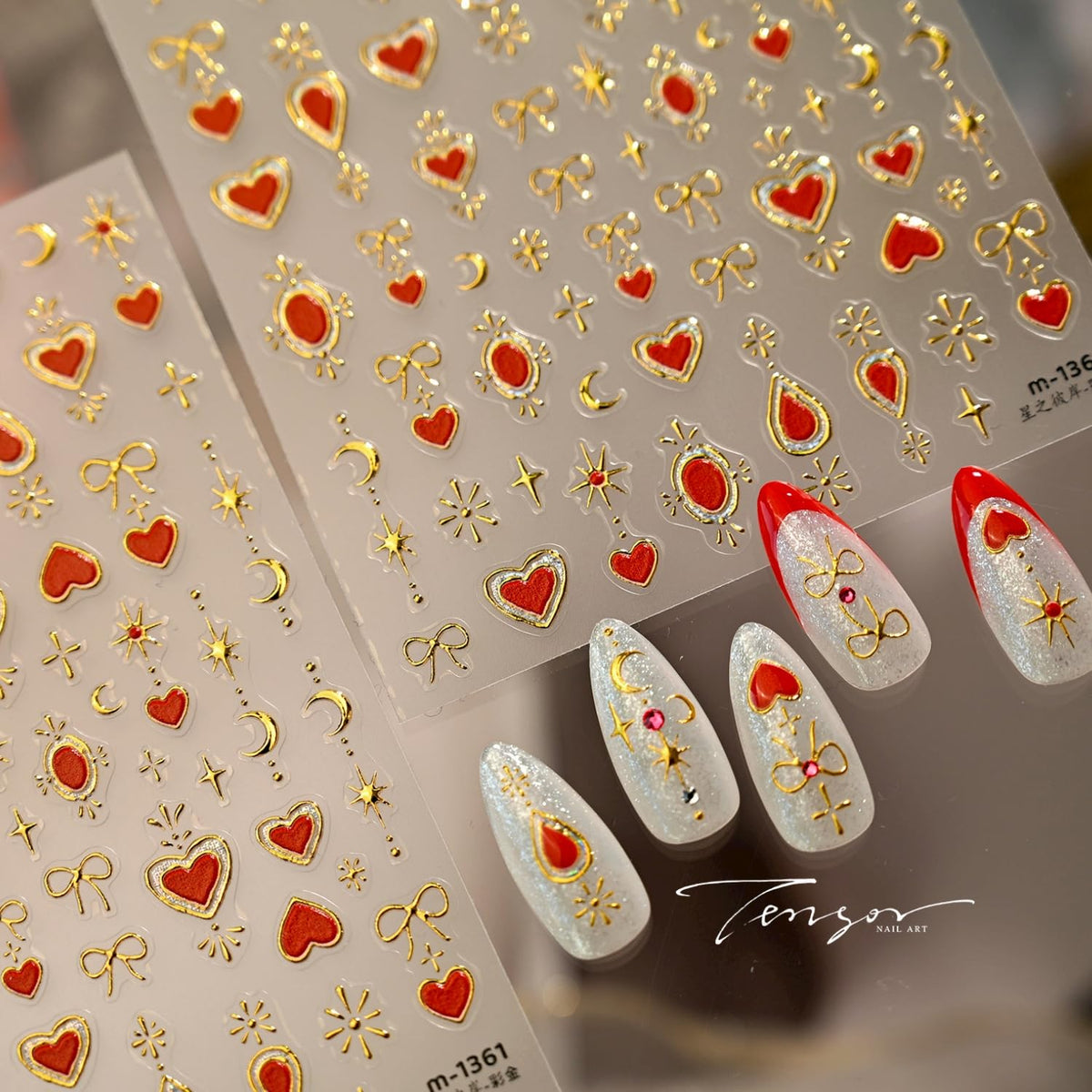 Gold Moon Star Nail Art Stickers 5D Embossed Red Heart Nail Stickers for Nail Art Bow Nail Decals Gold Nail Design Star Nail Supplies for Women Girls DIY Manicure Decoration