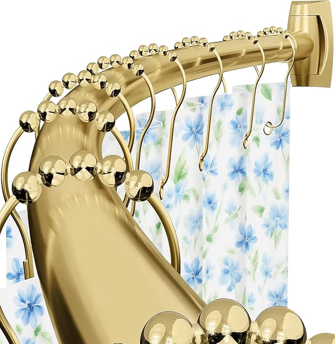 Curved Shower Curtain Rod for Bathroom, 40-72 Inches Adjustable Curved Shower Rod, 0.9MM Aluminum Rustproof Shower Curtain Rod with Rotating Brackets for Extra Shower Space, Need to Drill, Gold