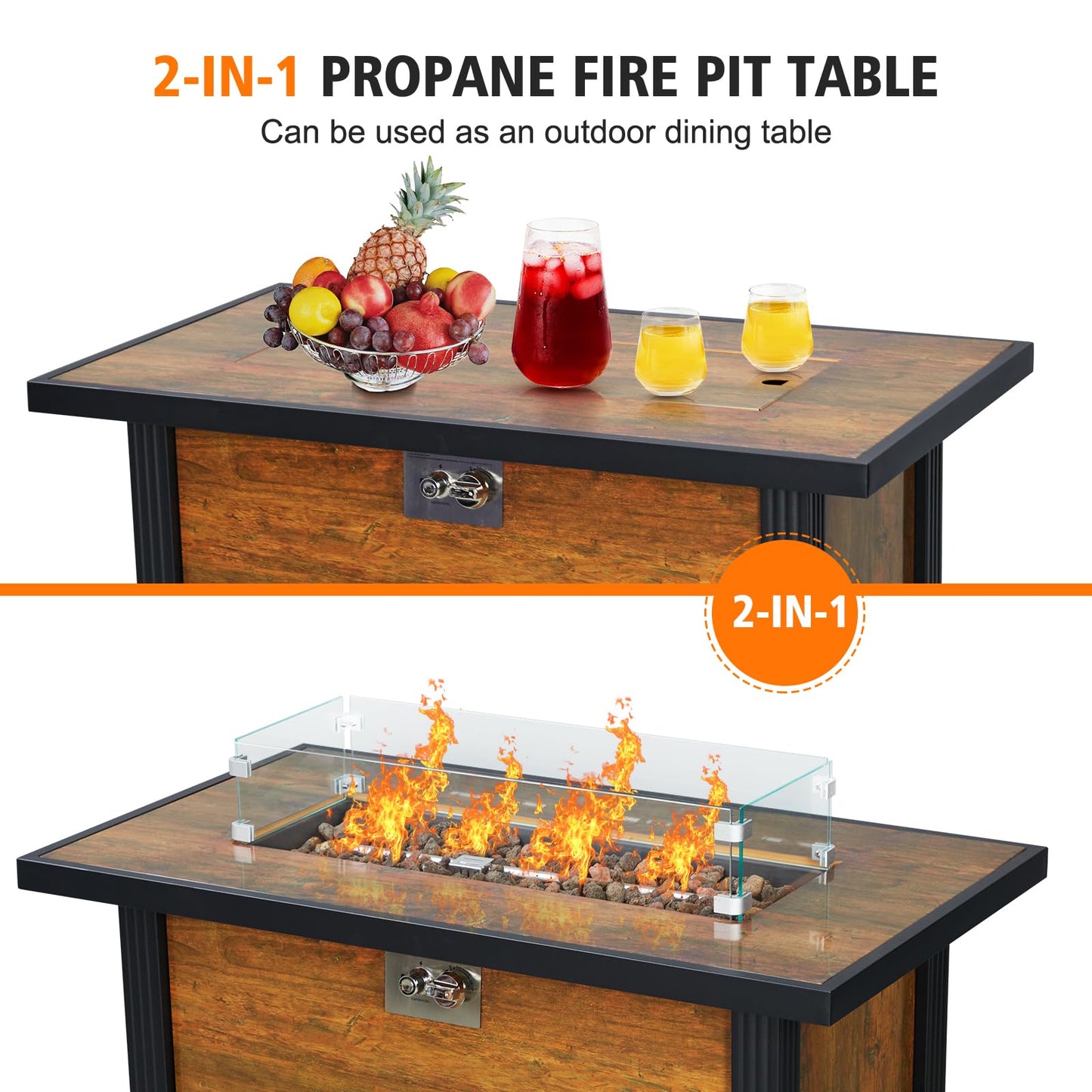 GarveeLife 44 in Gas Fire Pit Square Table, 50,000 BTU Propane Fire Table with Tempered Glass Wind Gaurd, Pulse Switch, Rain Cover, for Foolside, Lawn, Outside Garden, Thermal Transfer Woodgrain