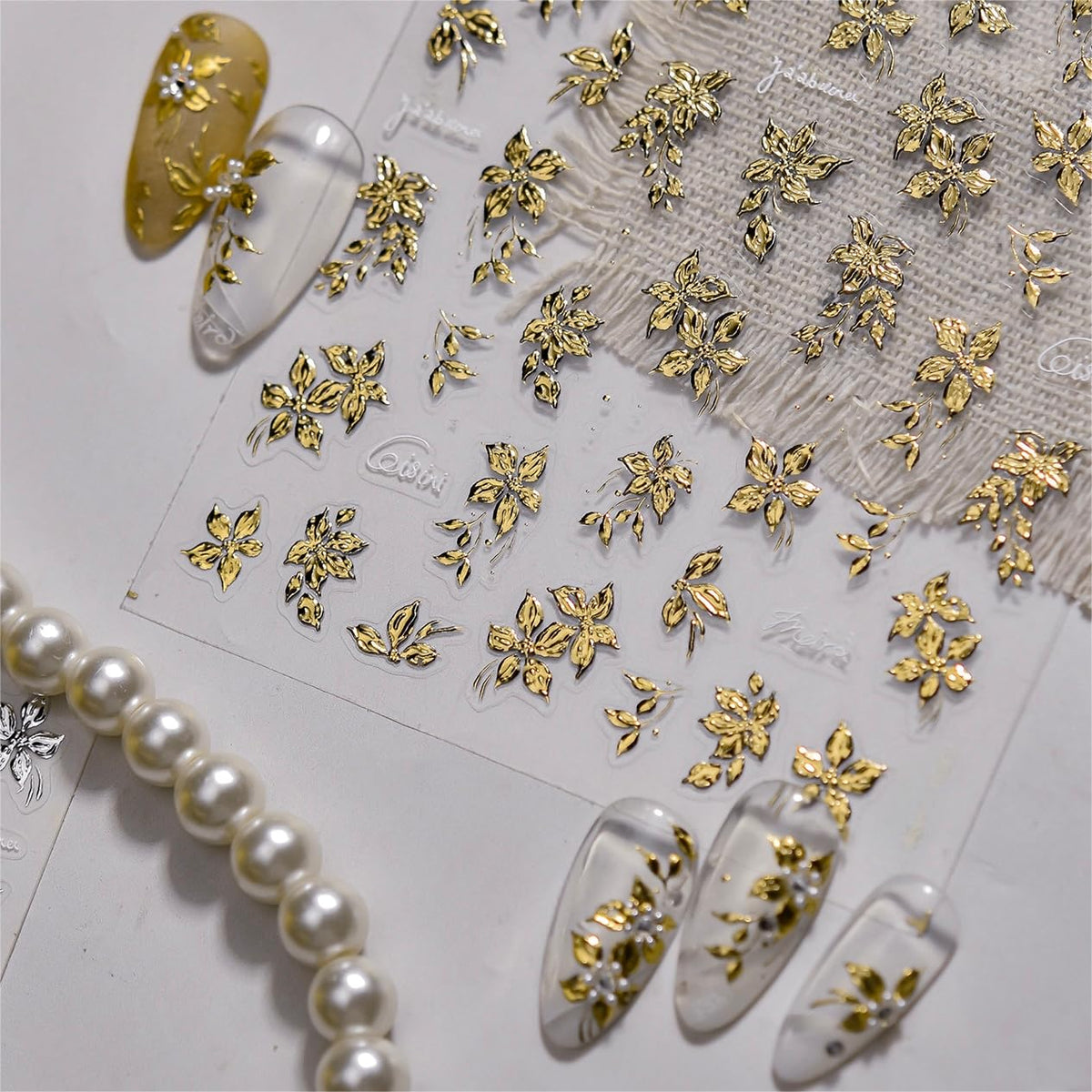 Phuryllic 3D Nail Stickers for Nail Art, Embossed Self-Adhesive Cute Nail Charms & Decals for DIY Nails, Easy-to-Apply Nail Design Supplies & Accessories for Home Manicure-Golden Blossom Charm