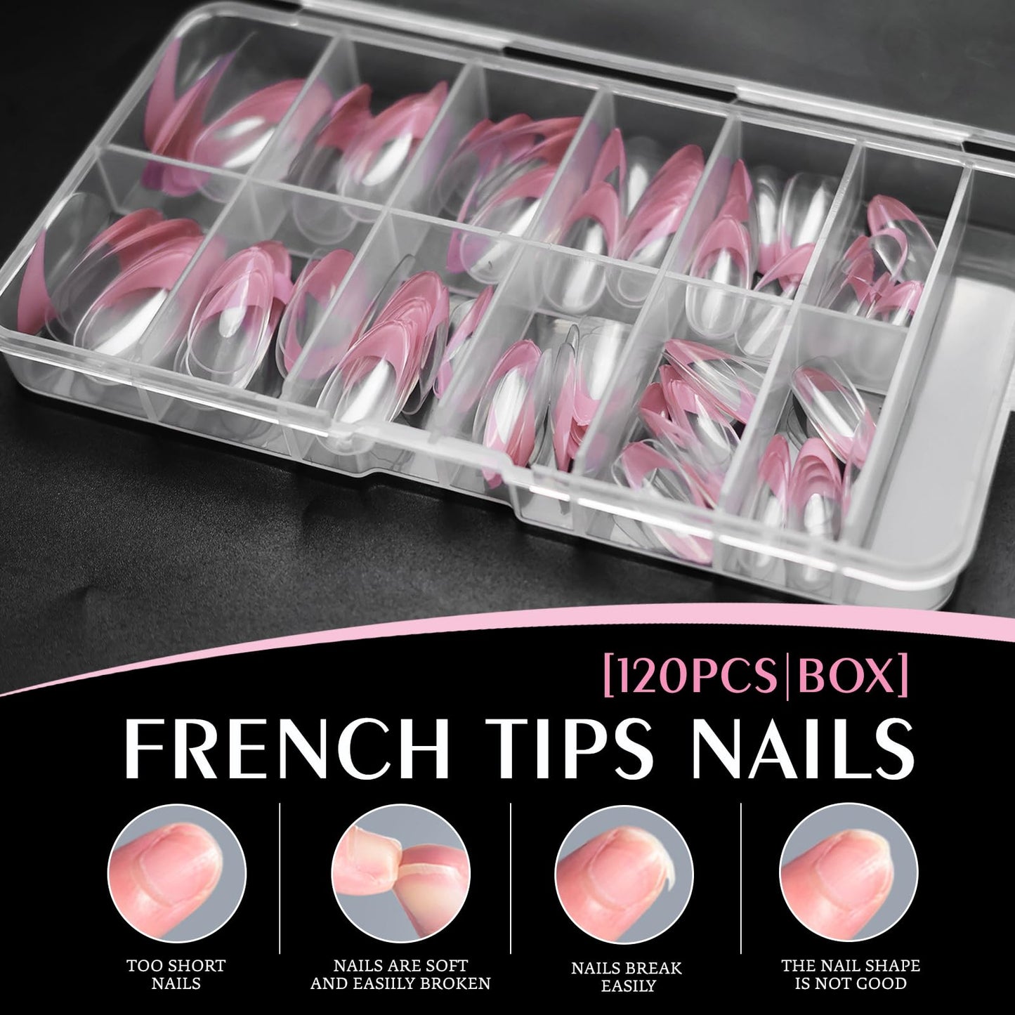 Bellelfin Pink French Tip Press on nails Short Almond Fake Nails, 120PCS Almond Nail Tips Short French Tip Nails, Clear Acrylic Press on Nail Full Cover False Nail