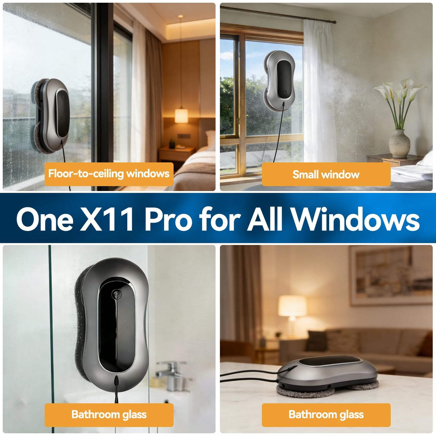 YSDKJGS Window Cleaning Robot X11 Pro with Dual-Spray System 70ml Water Tank 3000Pa Strong Suction Auto Edge Detection 2 Cleaning Modes Remote Control for Frameless & Framed Glass