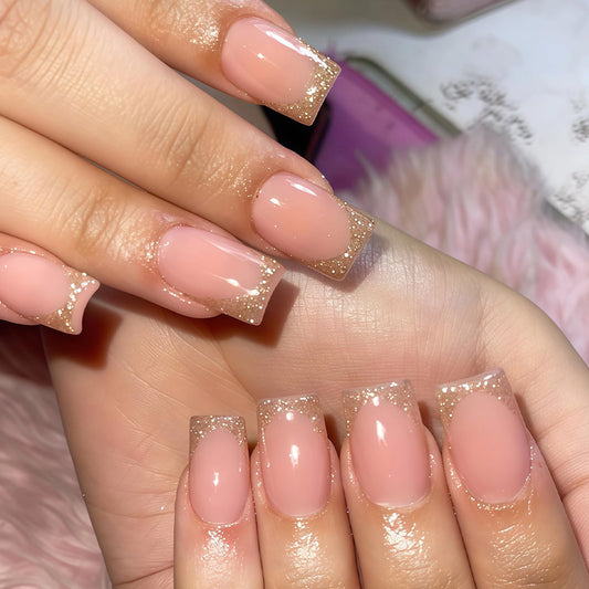 MISUD Press on Nails - Short Square Fake Nails with Bling Gold Glitter, Acrylic French Tip Design 24 pcs
