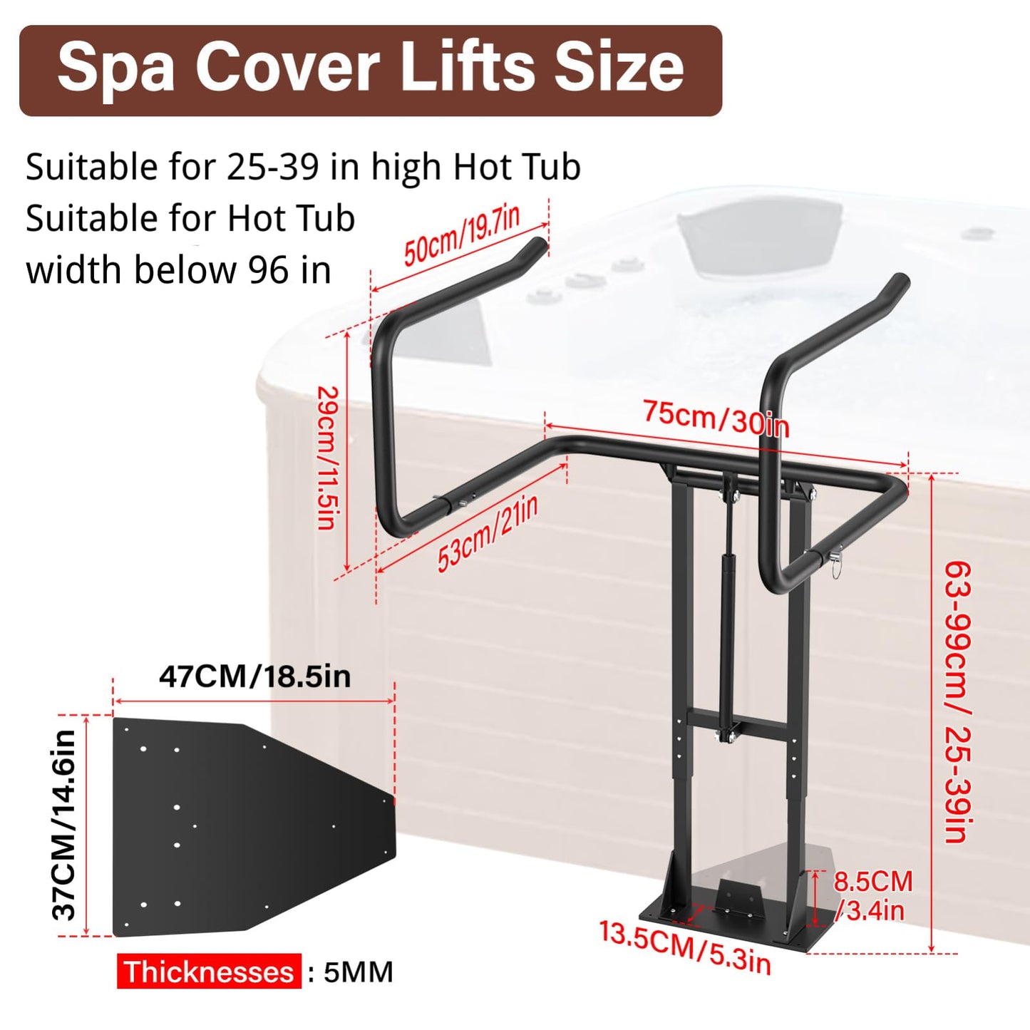 Aluminum Hydraulic Hot Tub Cover Lift, U-Shaped Bottom Insert Spa Cover Lifter, Adjustable Height from 25" to 39", Suitable for Round, Square and Other Shaped spas