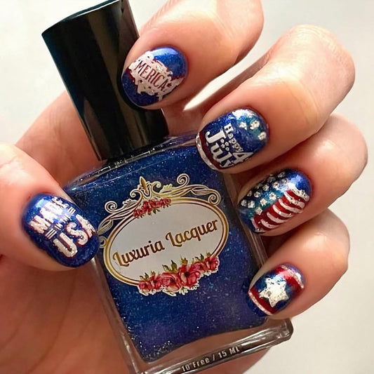 24Pcs Independence Day Press on Nails Short Square Fake Nails American Flag Star Letters False Nails with Happy 4th Of July Design Blue Glitter Glue on Nail Patriotic Stick on Nails for Women Manicure