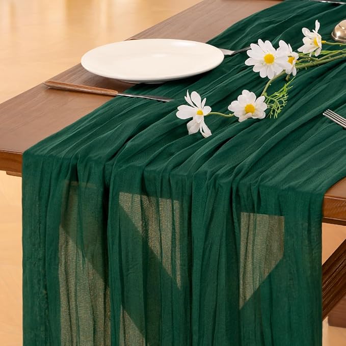 Socomi 6pcs Emerald Green Cheesecloth Table Runner Summer Boho Rustic Gauze 120 inch 10FT Cheese Cloth Sheer Runner for Wedding Party Baby Shower Birthday Home Decor Holiday Decorations
