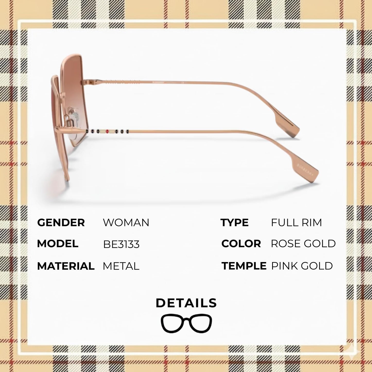 BURBERRY DAPHNE BE3133 Square Shape Metal Sunglasses with Luxury Eyewear Kit