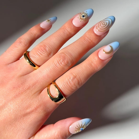 Glamnetic Press On Nails - Medium Oval Fake Nails with Blue French Tips & Celestial Gold Accents | Salon Quality | French Tip Nails | Spirited Sky | 15 Sizes - 30 Nail Kit with Glue