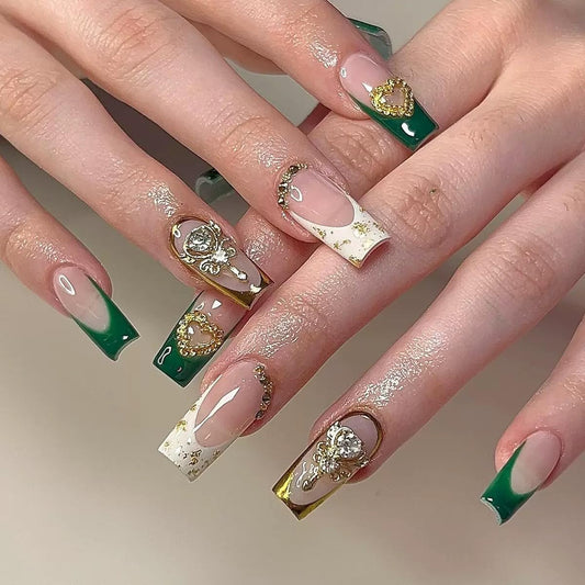 Green French Tip Press on Nails Medium Coffin Fake Nails with Flower Heart Charms Design - Full Cover Stick on Press ons - for Women Manicure 24 Pcs