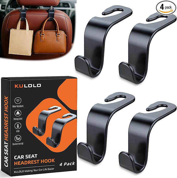 Car Seat Hooks & Purse Holder - 4 Pack Boxed,55 lb Heavy Duty,Eco PP Car Hooks for Purse/Bag/Baby Gear/Gym Bag/Groceries/Cup/,Fits 0.32-0.55Ã¢ÂÂCar Headrest Rods (Black)