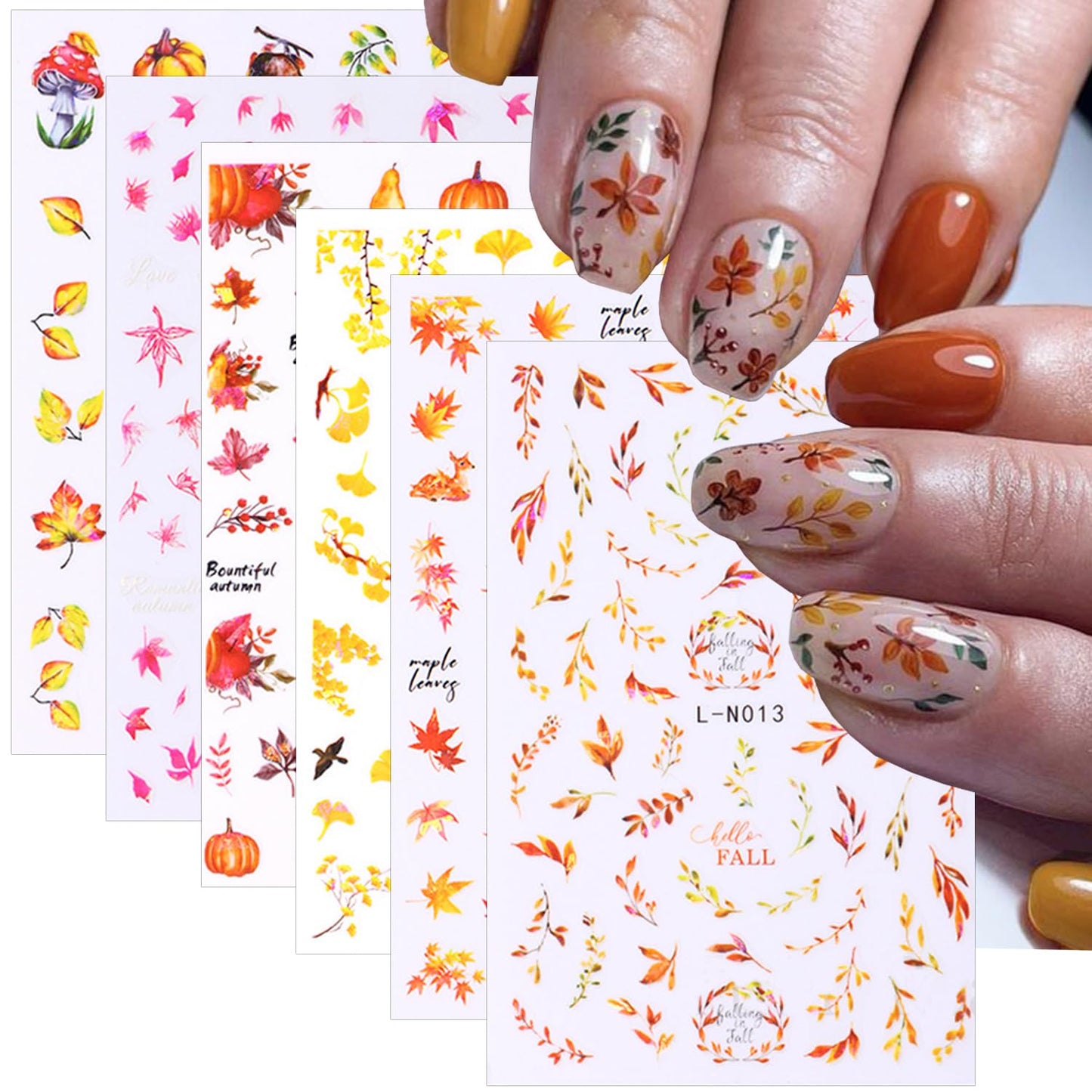 6 Sheets Fall Nail Art Stickers 3D Autumn Leaves Nail Decals Self-Adhesive Autumn Nail Art Supplies Thanksgiving Apricot Leaves Pumpkin Design Nail Stickers for Women Nail Decorations Accessories
