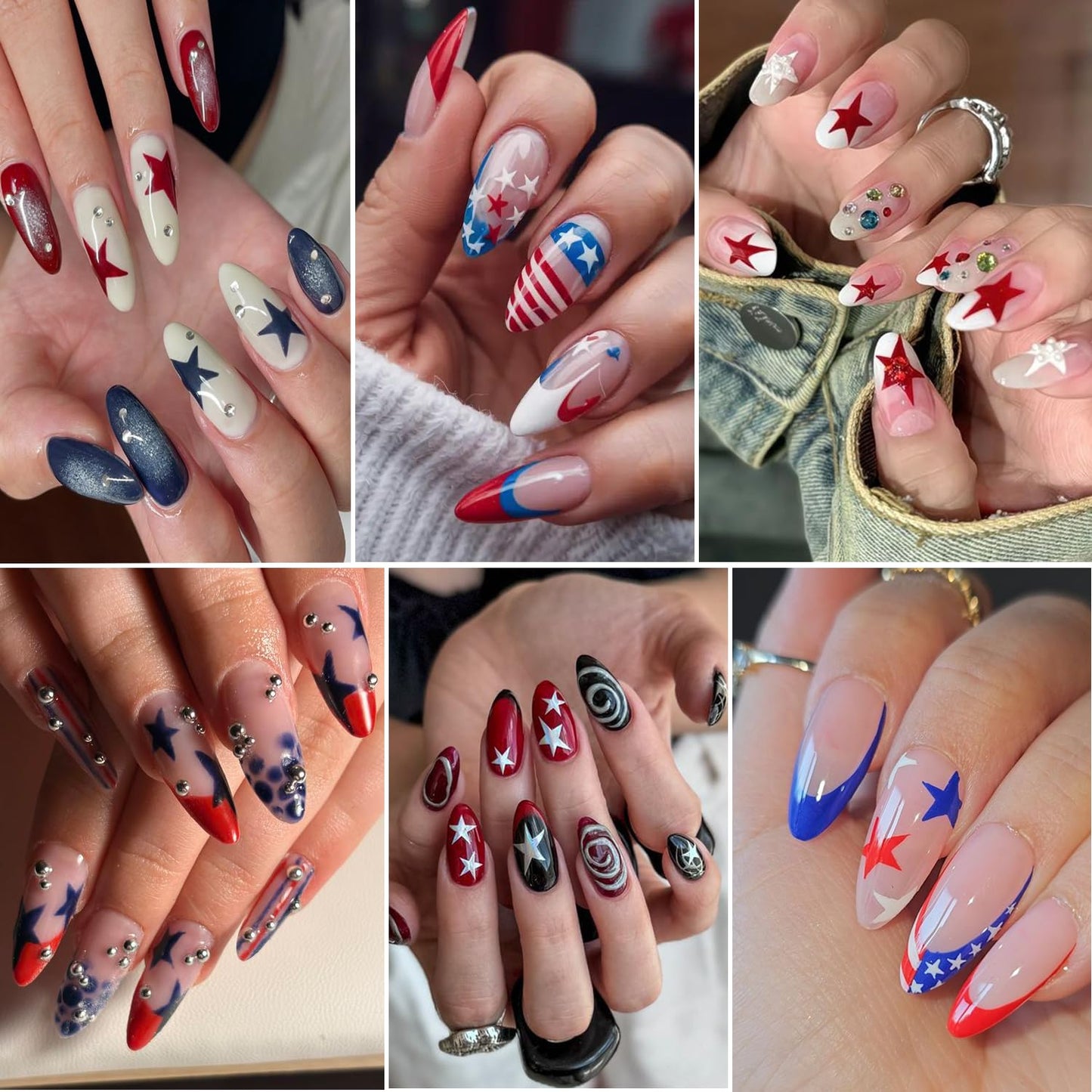 6 Sheets 3D Star Nail Stickers for Nail Art - Self-Adhesive Red Blue White Star Nail Decals, Patriotic 4th of July Independence Day Nail Supplies Sticker for Women DIY Manicure Decor Nails Accessories