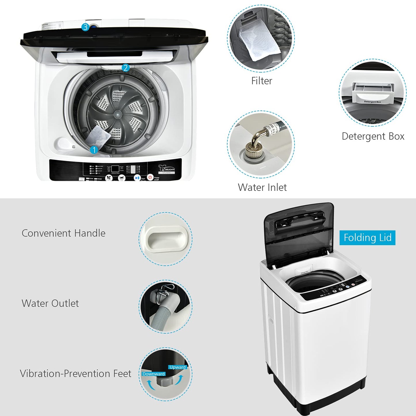 Giantex Portable Washing Machine, 2 in 1 Full Automatic Laundry Washer 1.5Cu.Ft 11lbs Capacity Washing and Spinning Combo 8 Programs 10 Water Levels Energy Saving Top Load Washer for Apartment Dorm
