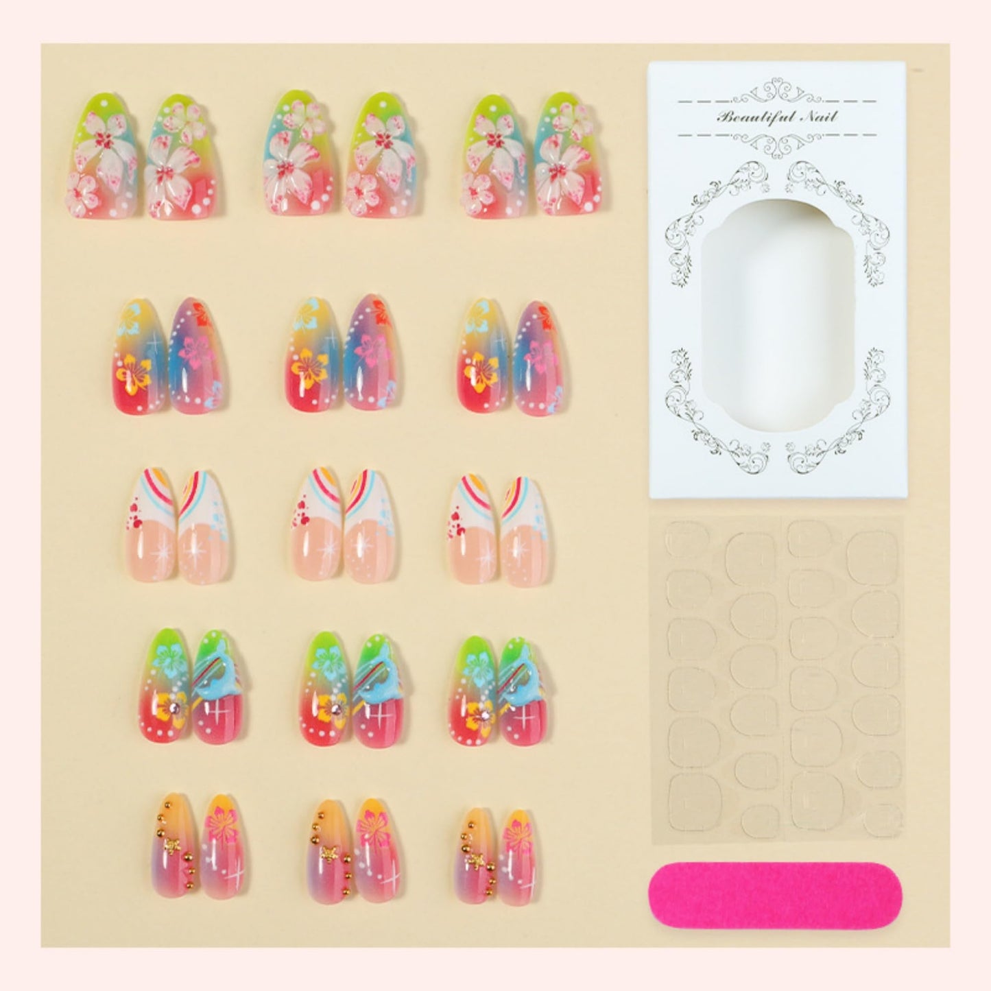 octoswave Long Almond Press on Nails with 3D Flowers, Rainbow & Dolphin Design Vibrant Acrylic Fake Nails for Women, Ideal for Parties, Vacations, Weddings 30Pcs