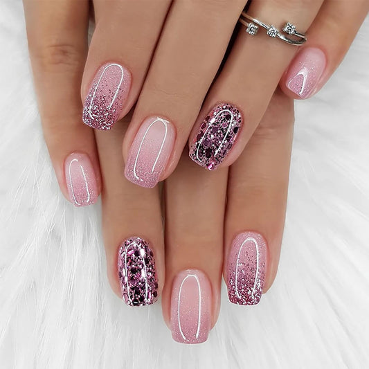 Medium Press on Nails Pink Gradient Fake Nails Full Cover Sparkly False Nails Purple Glitter Acrylic Nails Cute Press on Nails Square Glue on Nails Bling Fake Nails for Women Manicure Kit 24Pcs