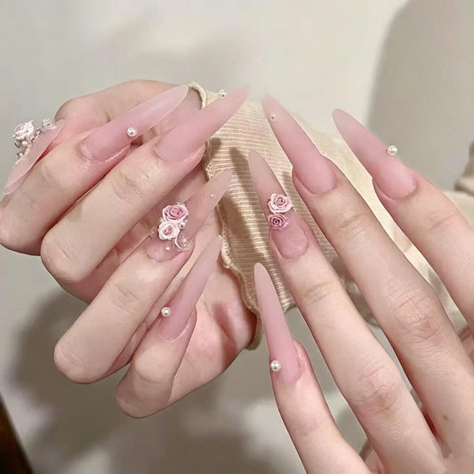 24PCS Long Stiletto Press On Nails-Matte Nude Pink Fake Nails with 3D Resin Rose Flower & Pwarl Acctents, Reusable Artifical Nail Tips for Women,Perfect for Wedding,Prom&Romantic Occasions