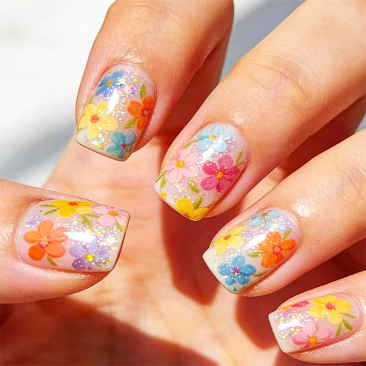 Floral Press on Nails with Multicolor Flower Design Glossy Glitter Gold Fake Nail Short Square False Nails Summer Stick on Nail for Women Daily Wear Watercolor Glue on Artificial Fingernails