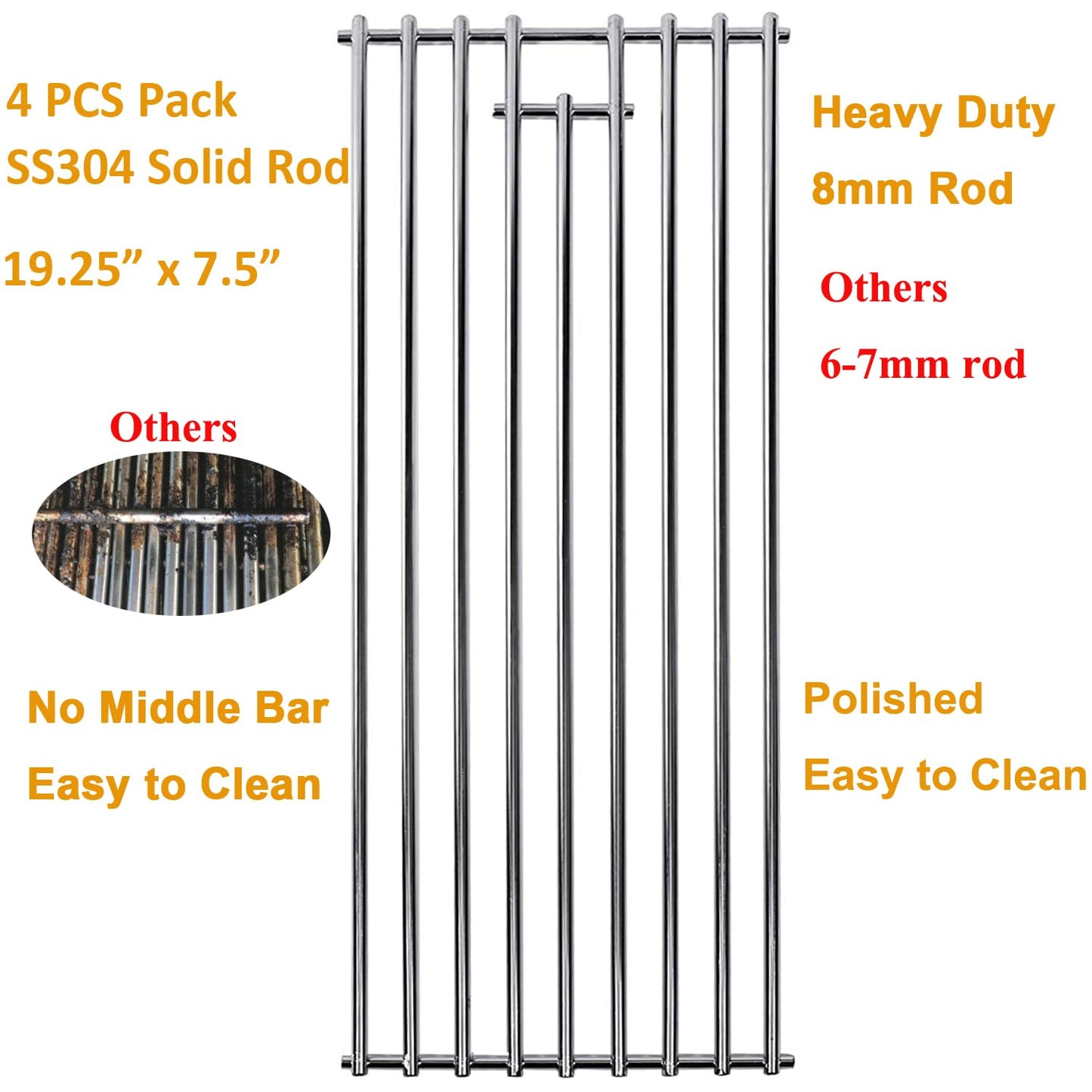 8mm 4 Pack Bull BBQ Lion Premium BBQ Grill Grate Replacement Parts For Bull 16517 BBQ Angus, Brahma, Lonstar Select, Outlaw Steer Premium, Lonestar Select, 7 Burner Premium, 65073 L60000 L75000 L90000