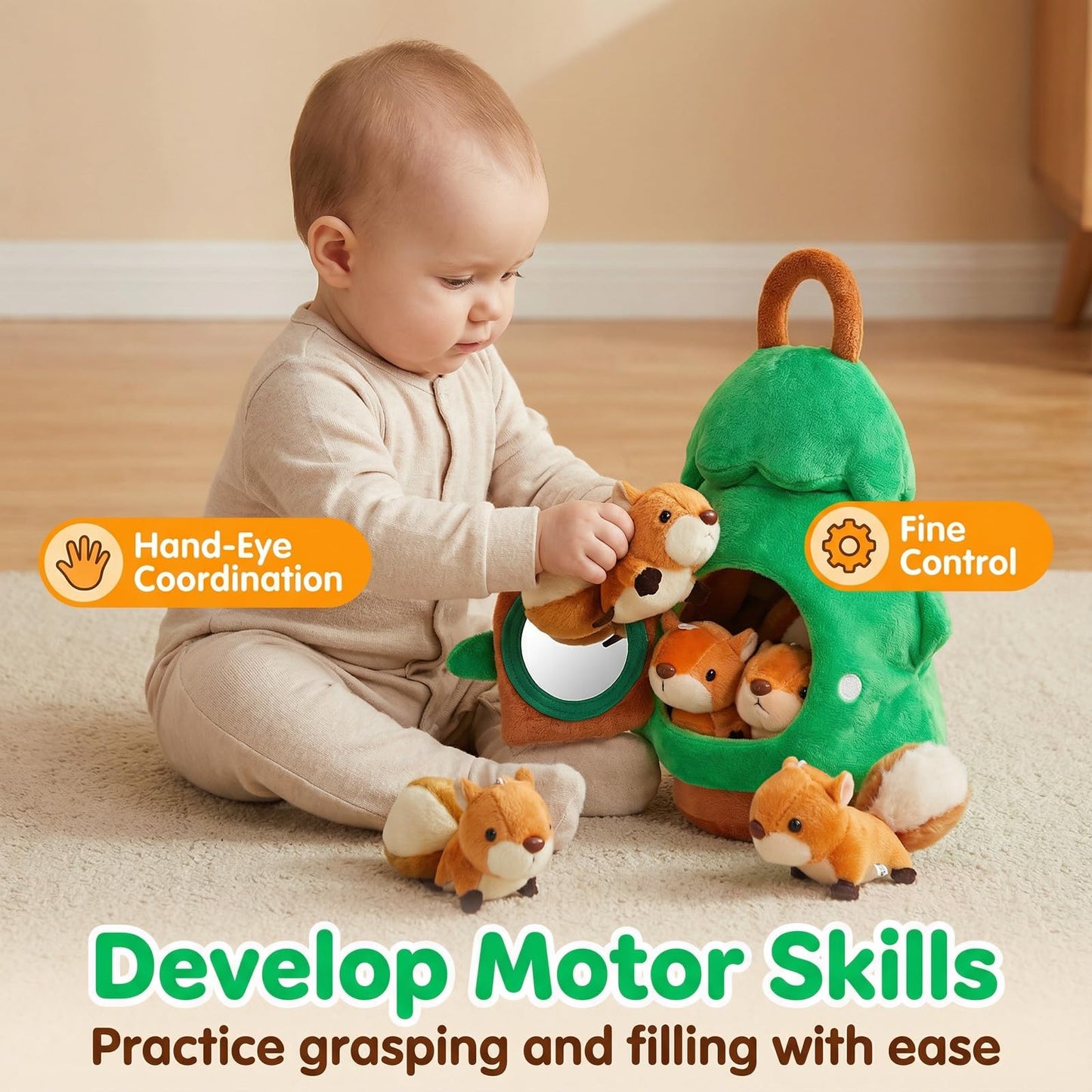 Squirrel Tree Baby Sensory Toy for 6-12 Months, Montessori Plush Hide and Seek Toy for Toddlers 1-3, Infant Developmental Stuffed Animal Playset with 5 Squirrels, Newborn Gift for Boys Girls