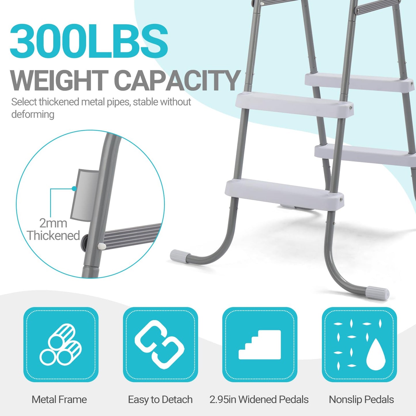 Outvita Metal Frame Above Ground Swimming Pool Entry, 2 Step Exit Ladder for 33" High Wall Pools, 300 Pound Capacity