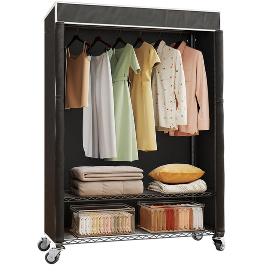 Higeego H4 Plus Rolling Garment Rack with Cover, Heavy Duty Clothes Rack with Wheels, Portable Closet for Hanging Clothes, Wardrobe Closets Organizer Storage, Black Closet Rack with Black Fabric Cover