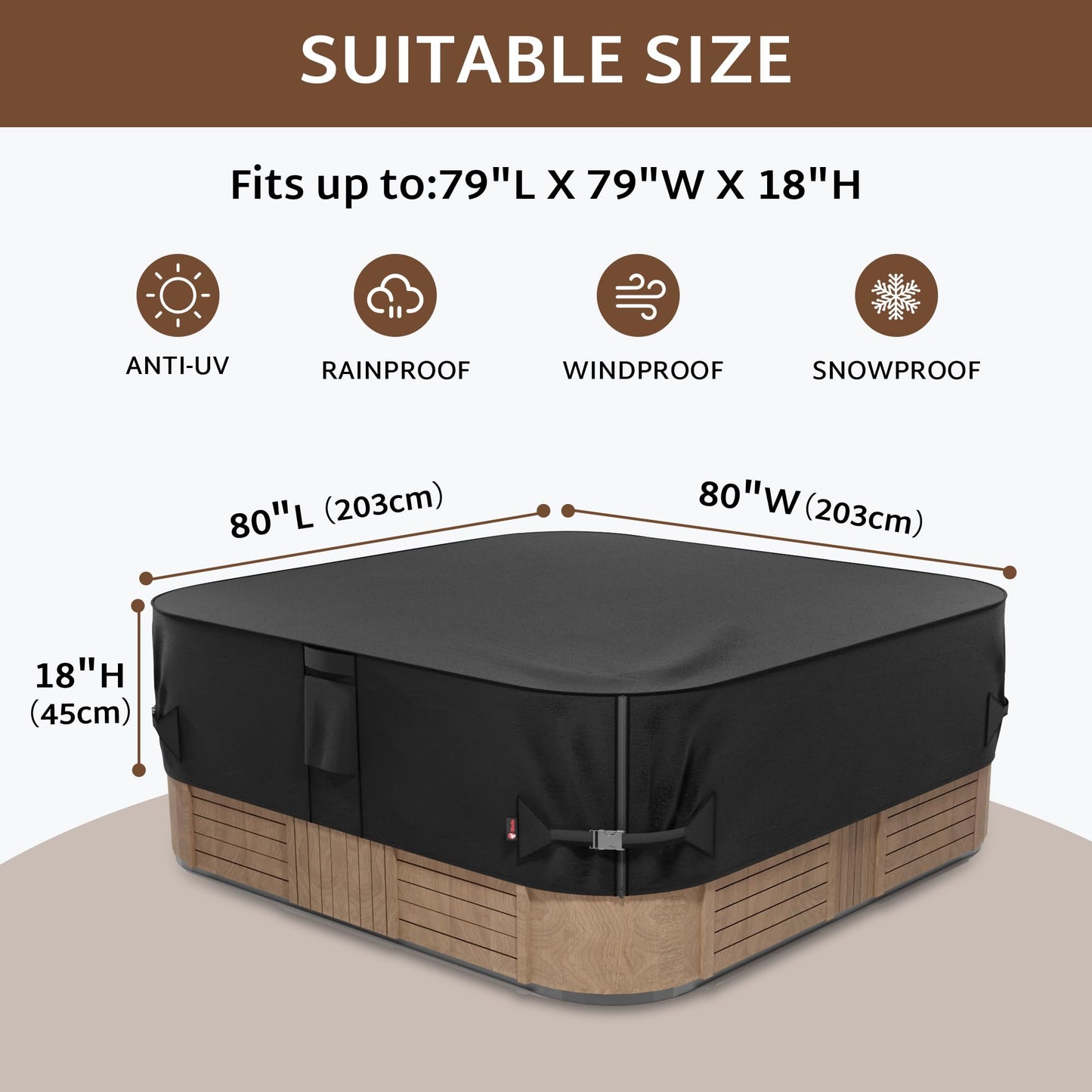 iBirdie Outdoor Waterproof and Weatherproof Hot Tub Cover 80 x 80 inch fit 79 x 79 or 78 x 78 or 77 x 77 Square SPA 600D Heavy Duty Protectors Protective Cover Cap