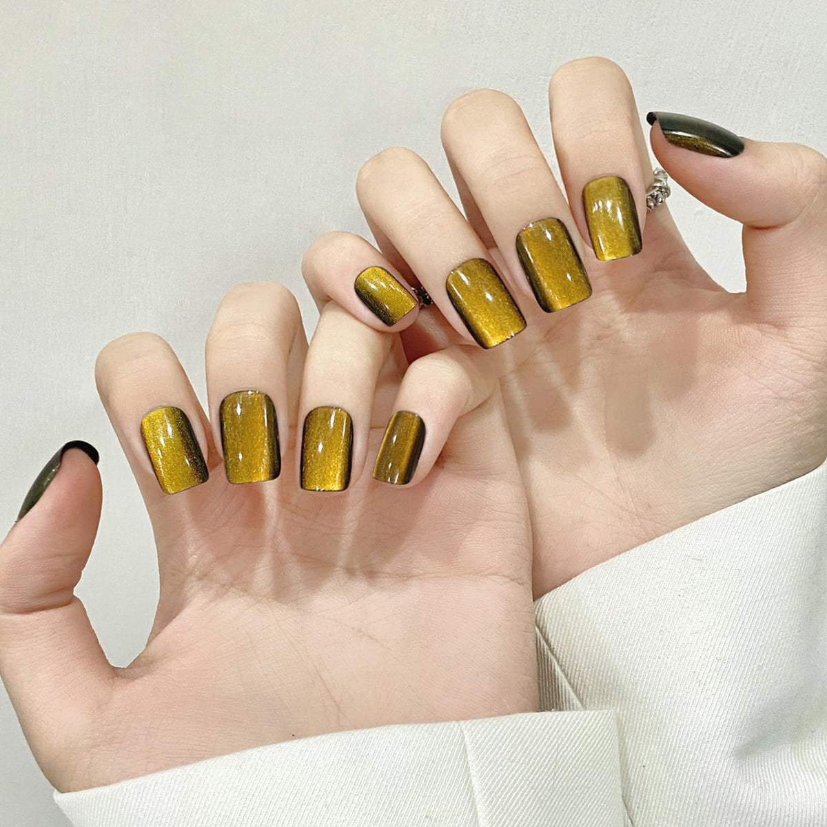 Yellow Cat Eyes Press On Nails,12 Sizes - 24 Pcs Soft Gel Yellow Medium Square Fake Nails Kit with Nail Glue, Natural Reusable Stick On False Nails for Women and Girls (Skycloud Nails) SK0926