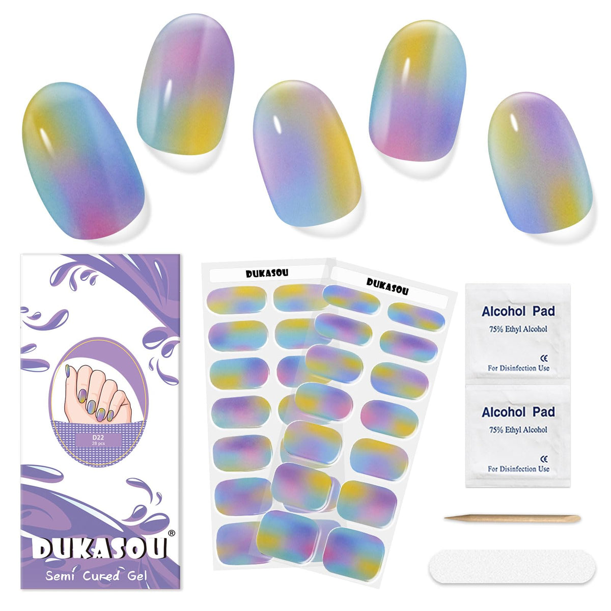 DUKASOU Semi Cured Gel Nail Strips,28 Pcs Gel Nail Stickers/Wraps(Colorful Aurora),Long Lasting Polish Stickers UV Cure,Works with UV Lamp,Easy to Apply