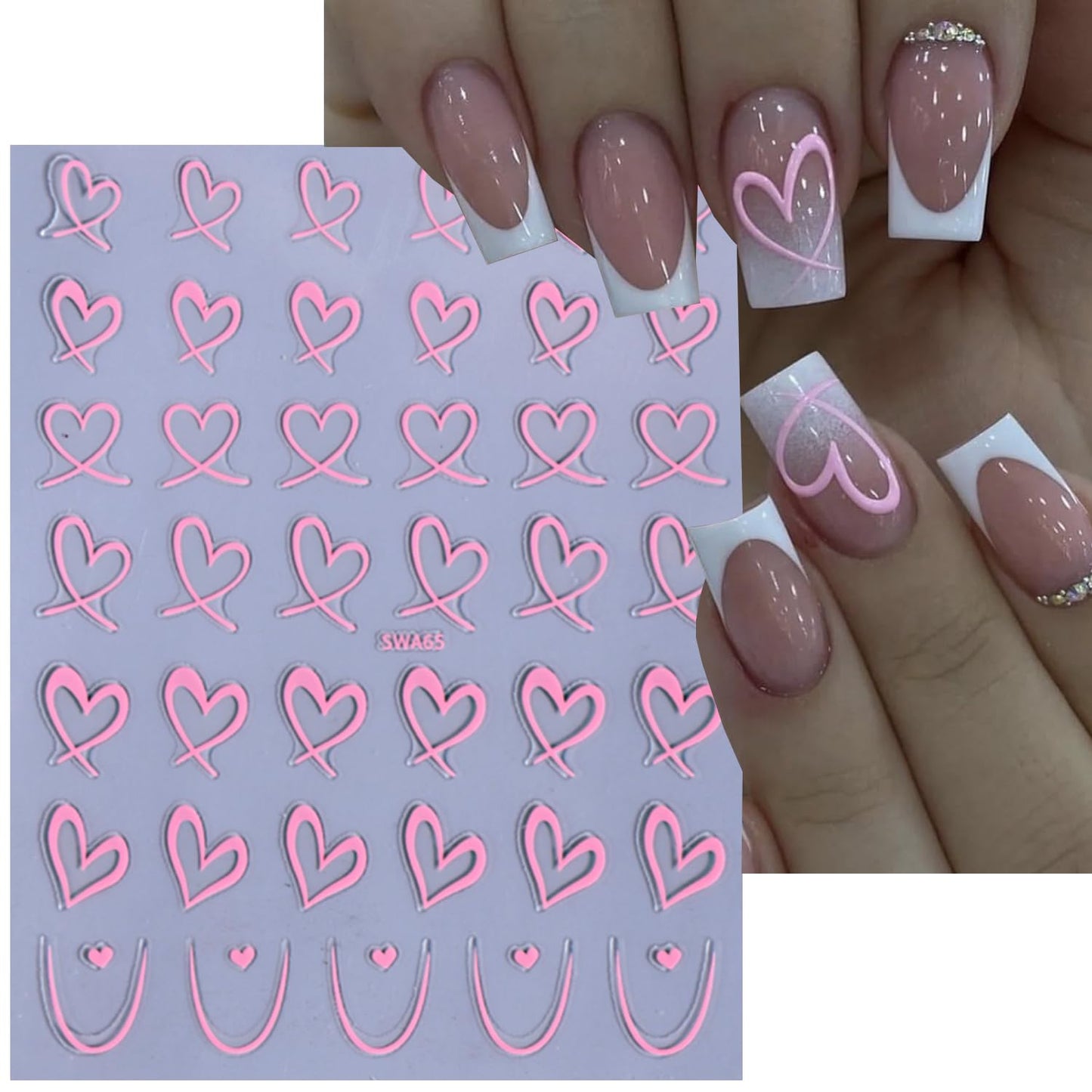 Heart Nail Stickers - Wavy Line Nail Design 3D Self-Adhesive Love Hollow Peach Heart Shaped French Sticker for Women Valentine Gift Nail Decoration