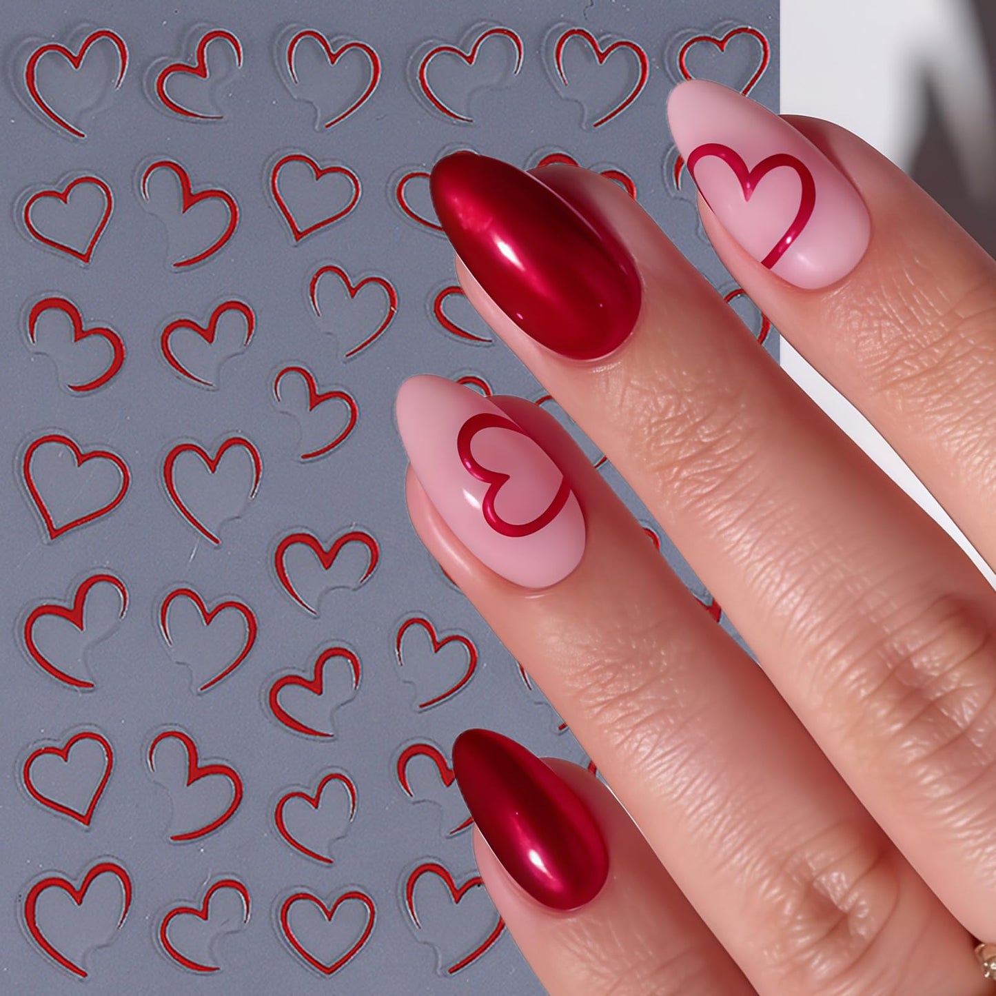 8 Sheets Heart Nail Art Stickers Valentines 3D Self-Adhesive Nail Decals Red Silver Gold Hollow Hearts Nail Design Heart Acrylic Decoration DIY for Women Manicure Supplies Decorations Accessories