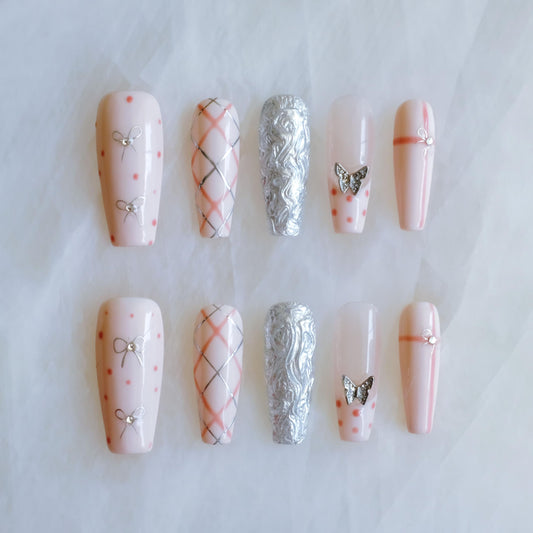 GLORS Press-on Nails, Long Ballerina Style, Pink with 3D Silver Butterfly and Bow Design, Handmade False Nail 10 Pieces (XS, LB)