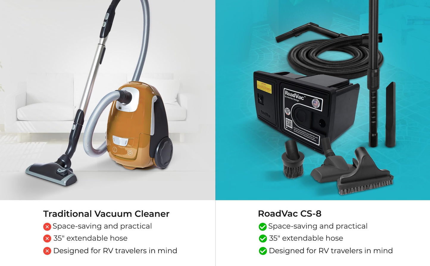 RoadVac Z1-CS-8-CORD RV Central Vacuum System | Wall-Mounted Built-in Vacuum for RVs, Boats & Tiny Homes | Compact Central Vacuum with 35′ Stretch Hose & Tool Kit