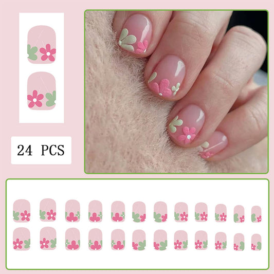 Pink Flowers French Tip Press on Nails Short Fake Nails Glossy Flowers False Nails with Spring Summer Full Cover Cute Colorful Floral Artificial Nails for Nail Decorations 24 Pcs