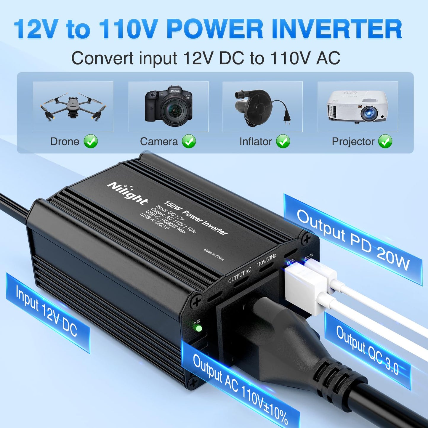 Nilight 150W Power Inverter 12V DC to 110V AC Car Converter with PD 30W USB C & QC3.0 for Phones Tablets Laptop Computer Game Console Kindle iPad DVD Players Black