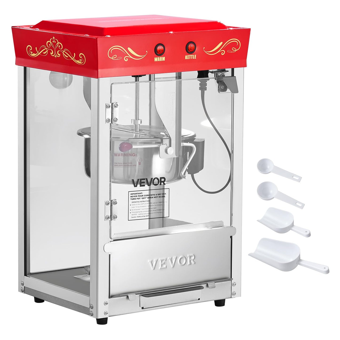 VEVOR Popcorn Machine, 8oz Stainless Steel Kettle, 800W Commercial Countertop Popcorn Maker, 48 Cups per Batch Theater Style Popper, with 2-Button Control Glass Wall PC Door 1 Scoop 3 Spoons, Red
