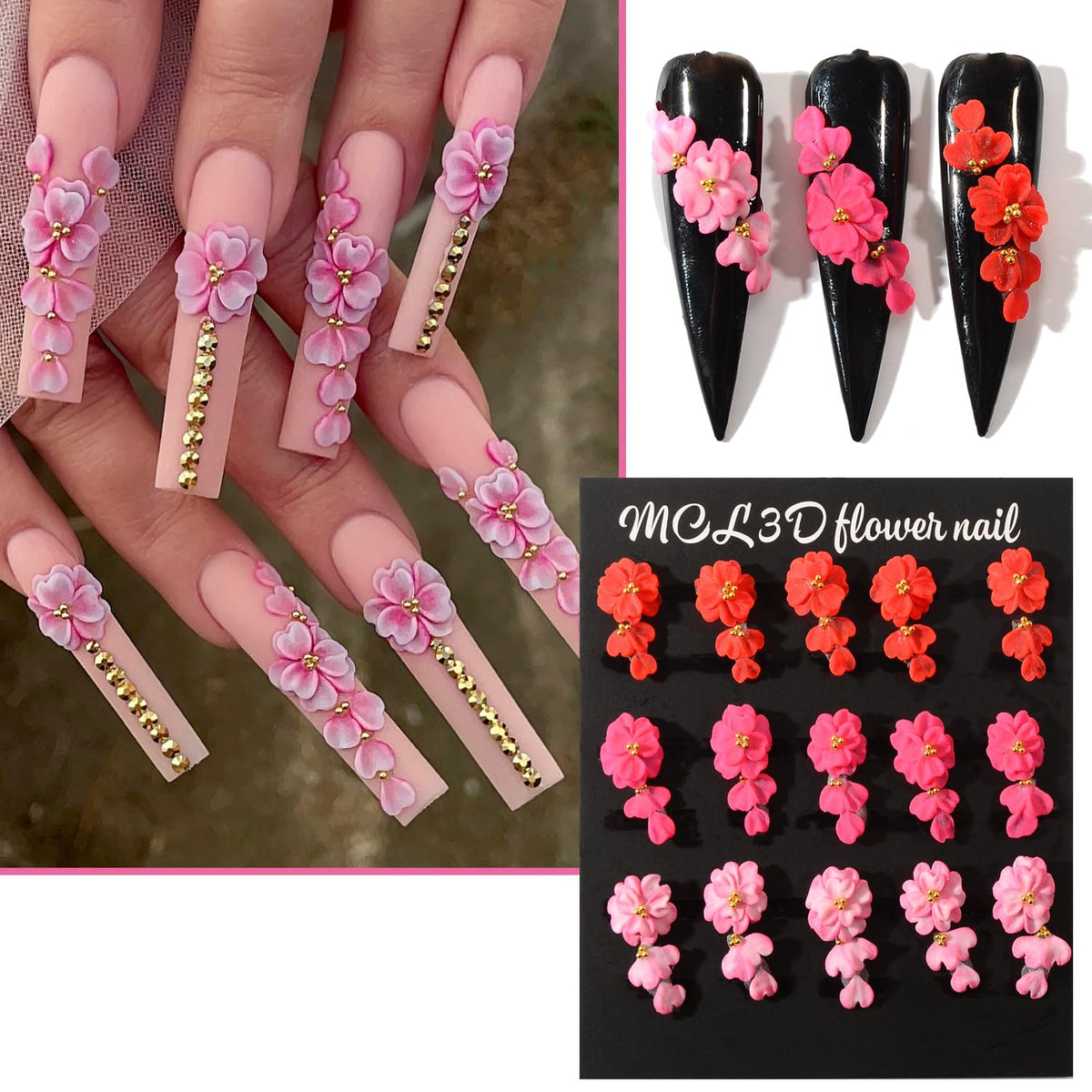 BAIYIYI 30PCS Handmade Acrylic Flowers Nail Art Charms Cute Y2K Summer Floral with Caviar Beads Design High-end Craved Flower Petal Nails Charms for Women Profession Nail Art Craft Jewelry