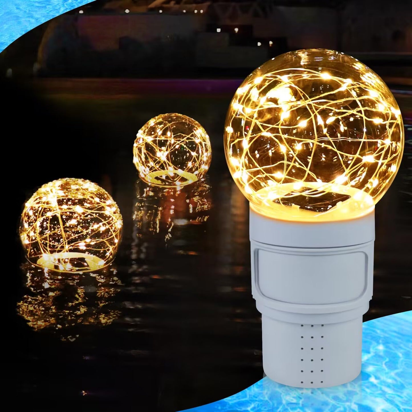 FineBud Pool Chlorine Floater with Solar Ball Lights, Floating Pool Chlorines Dispenser for 4x3” Chlorine Tablets, Easy Opening chlorines Tablet Holder Floater, Anti-Sinking Spa Chemical Dispenser