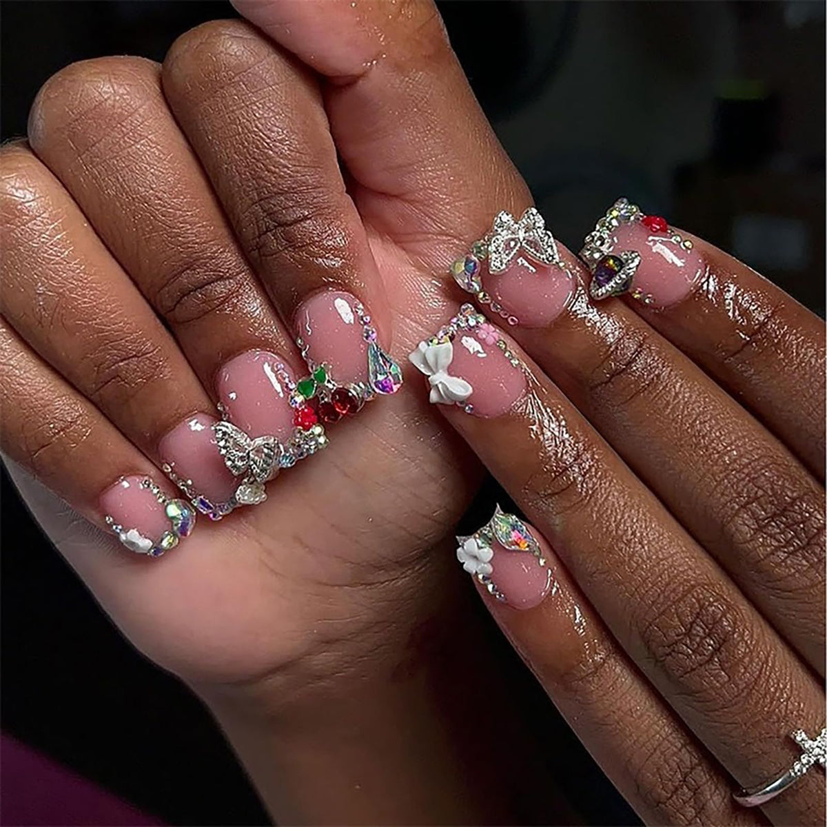 Nude Pink Press on Nails Short Square MABKJLF French Tip Fake Nails False Nails with Designs Bow Cherry Butterfly Flower Charm Rhinestones Glossy Glue on Nails Acrylic Nails for Women Girls 24 Pcs